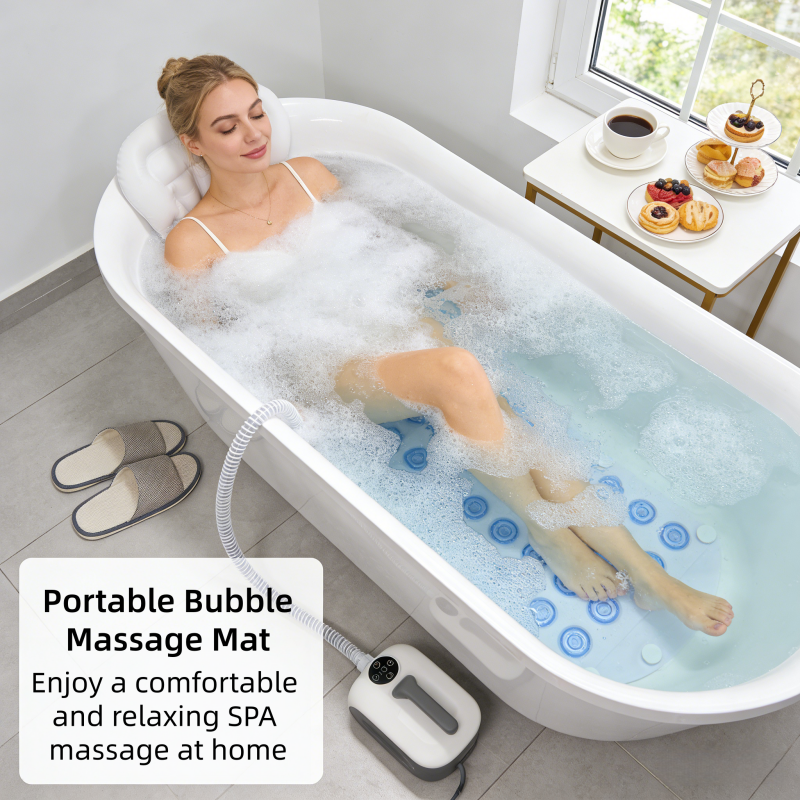 Portable Bathtub Bubble Massage Mat with Inflatable Pillow Foldable Non-slip Bath Mat for Enjoy Bath Spa at Home & Relax